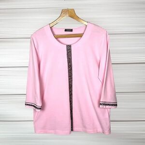 BASLER Pink Cotton Top 3/4 Sleeve Tee Contrast Lace Details size 10